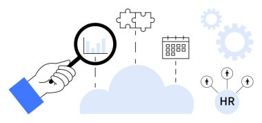 Yapboz parçaları, takvim, vites ve insan kaynakları ağına bağlı bulut verilerini analiz eden büyüteç. Takım çalışması, verimlilik, HR süreçleri, teknoloji, veri analiz işbirliği için ideal basit düz