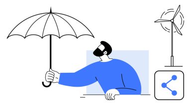 Korunmak için şemsiye tutan adam, yenilenebilir enerji ve bağlantı sembolünü simgeleyen rüzgar türbini. Sürdürülebilirlik, çevre dostu teknoloji, yenilik, iklim farkındalığı, yenilenebilir enerji için ideal