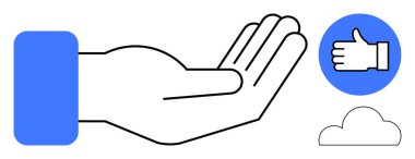 Mavi manşetli uzanmış bir el, bir daire içinde onay sembolü ve bir bulut elementi. Takım çalışması, onay, pozitiflik, sosyal yardım, destek, basitlik ve basit bir iniş sayfası için ideal