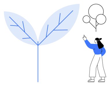 Genişlemeyi, sürdürülebilirliği ve yaratıcılığı temsil eden soyut yapraklara işaret eden kadın, dairesel balon hatlarıyla birlikte. Çevre, yenilik, çevre dostu kavramlar, büyüme ve eğitim için ideal