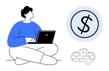 Dolar işareti, duvar ve su damlası elementlerinin yanında dizüstü bilgisayarı olan kişi. Finans, çevrimiçi iş, tasarruf, yatırım, teknoloji risk yönetimi güvenlik kavramları için ideal. Temiz daire