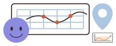 Gülen yüz, yükselen trend çizgisi olan çizelge, başarıyı, analizi ve büyüme takibini sembolize eden konum iğnesi. İş stratejisi, analitik, başarı, ilerleme kullanıcı deneyimi için ideal