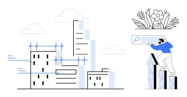 İskeleli çizilmiş şehir binaları, arama çubuğu, çiçekler ve bulutlar tutan bir figür. Gayrimenkul, mimari, kentsel kalkınma, yaratıcılık, büyüme dijital araçları için ideal basit düz