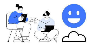 İki insan, mutlu ve bulut simgesinin yanında tablet ve dizüstü bilgisayarlarla fikir alışverişinde bulunuyor. Takım çalışması, uzaktan çalışma, teknoloji, dijital çözümler, bulut depolama, yenilik, basit iniş sayfası için ideal