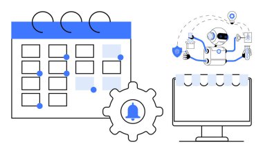 Takvim, yapay zeka robotu çoklu görev yapıyor ve hatırlatıcı simgesi ile donanım organize programlama, otomasyon ve verimliliği sembolize ediyor. Üretim, planlama, yapay zeka ve iş akışı için idealdir.