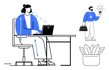 Yenilikler için ampul sembolü sunan ergonomik duruş okları olan dizüstü bilgisayara odaklanan bir işçi. Takım çalışması, ofis kurulumu, işbirliği, ergonomik, üretkenlik, fikir paylaşımı için ideal