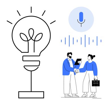 Bitkiyi sembolize eden ampul, ses dalgalı ses kumandası aracı ve iş adamları el sıkışıyor. Takım çalışması, iletişim, teknoloji, sürdürülebilirlik, yaratıcılık için ideal