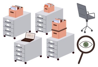 Dosyalama dolapları, bir çekmecede dizüstü bilgisayar, sandalye, gözde büyüteç. Organizasyon, belge yönetimi, ofis kurulumu, çalışma alanı optimizasyonu, veri gözden geçirme araştırma odağı için ideal