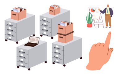 Belgeli dosya dolapları, işe açık dizüstü bilgisayarlar, çizelgede veri sunan bir iş adamına el hareketi, saksı bitkisi dekoru. Takım çalışması, veri, sunum, organizasyon için ideal