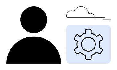 Bir bulut ve dişli simgesi yanında siluet profili kullanıcı, teknoloji, depolama ve kişiselleştirme taşır. Teknoloji hizmetleri, hesap oluşturma, bulut hesaplama ya da basit bir iniş sayfası için ideal