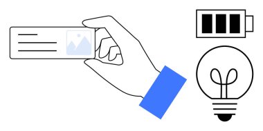 Dolu bir batarya ve ampul ikonunun yanında el ele tutuşan kimlik kartı. Kimlik, yenilik, enerji, fikirler, yaratıcılık, verimlilik, sürdürülebilirlik için ideal. Düz basit metafor