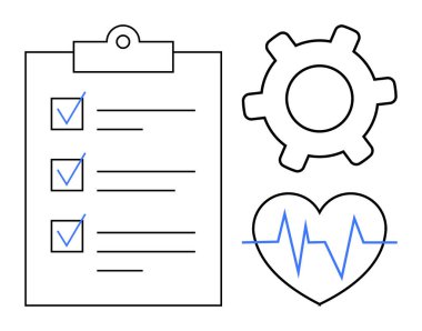 Tahtada kontrol işaretleri olan görev listesi, ilerlemeyi sembolize eden vites, kalp atışı olan kalp sağlığı taşıyan kalp. Üretim, planlama, refah, iş akışı, sağlık yönetimi için ideal