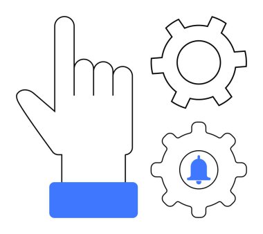 Vites simgeleriyle işaret eden, içinde çan olan bir el hareketi. Teknoloji, navigasyon, bildirimler, kullanıcı arayüzü, verimlilik, dijital araçlar ve basit bir iniş sayfası için ideal