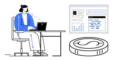 Masasında dizüstü bilgisayarlı, analitik, grafik ve yazı okuyan bir kadın var. Finans, teknoloji, veri analizi, çevrimiçi iş, pazarlama, uzaktan iniş sayfası için ideal