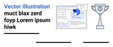 Bir kupanın yanında grafikler, grafikler ve analitikler olan bir panel. Veri analizi, performans takibi, başarı, tanınma, iş büyümesi, hedef belirleme ve basit iniş sayfası için ideal