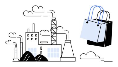 Bacaları duman çıkaran bir fabrika, yakınlardaki alışveriş torbaları. Endüstriyel üretim, çevre kirliliği, tüketici kültürü, ticaret, sürdürülebilirlik, ekonomik atık yönetimi için idealdir. Soyut