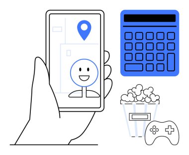 Navigasyon pimi ve yüzü ekranda olan akıllı telefonu tut. Hesap makinesi, oyun kumandası ve yakınlarda patlamış mısır. Eğlence, oyun, eğlence planlaması, dijital yaşam tarzı, teknoloji için ideal