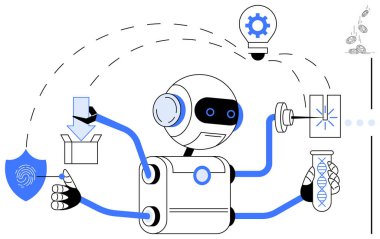 Robot laboratuvar testi, yenilik, dişli operasyon, ambalaj, parmak izi taraması ve lazer kullanımı yapıyor. Yapay zeka, robot bilimi, yenilik otomasyon güvenlik bilimi fütüristik kavramları için ideal