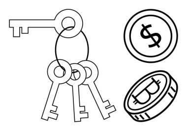 Dolar ve Bitcoin paralarının olduğu bir yüzükteki anahtarlar güvenlik, finansal erişim, kripto para, zenginlik, ekonomi ve dijital işlemleri gösteriyor. Finans ve yatırım tasarrufu için ideal