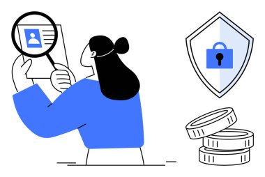 Büyüteçle belgeyi inceleyen kişi, kilit ikonlu kalkan, bozuk para yığını. Finans, güvenlik, veri koruması, kimlik doğrulama, iş analizi, siber güvenlik için ideal