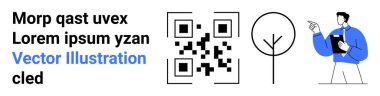 Yer tutucu metnin yanında QR kodu, asgari ağaç tasarımı ve pano ile işaret eden bir adam. Teknoloji, eko-kavram, analiz, sunum, eğitim, basit iniş sayfası için ideal