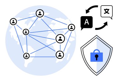 Küresel ağ oluşturan mavi düğümler, çeviri sembolleri ve kilitli bir güvenlik kalkanı. İletişim için ideal, bağlantı, çeviri, siber güvenlik, küresel