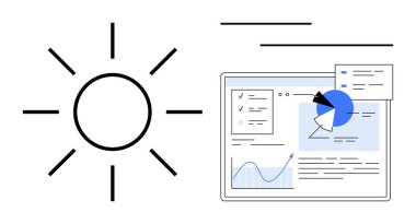 Güneş ikonu bir pasta grafiği, çizgi grafiği ve metin elemanlarının yer aldığı dijital bir analitik gösterge paneliyle eşleştirildi. Fikirler, yenilik, analitik, strateji, araştırma ve basit iniş sayfaları için ideal