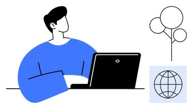 Ağaç ve dünya ikonu ile eşleştirilmiş dizüstü bilgisayara odaklanmış bir birey. Teknoloji, uzaktan çalışma, küresel işbirliği, çevre bilinci, eğitim, yenilik, dijital ilerleme için ideal. Basit düz