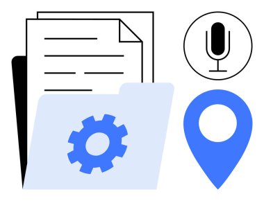 Kağıtlar yığını, klasördeki ayarlar, mikrofon simgesi ve konum şifresi. Veri organizasyonu, iş akışı optimizasyonu, dijital araçlar, üretkenlik, erişilebilirlik işbirliği için ideal basit