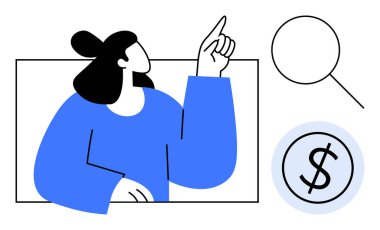 Mavili kadın yukarı bakıyor, büyüteç, dolar işareti. İş stratejisi, finans, fikir üretimi, odaklanma, analiz, karar verme sorunu çözmek için ideal. Basit düz metafor