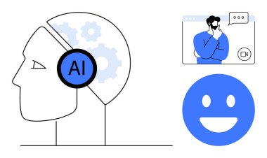 AI vitesli insan kafası, görüntülü konuşma üzerine kafa yoran adam ve yapay zekayı, karar vermeyi ve bağlantıyı vurgulayan mutlu bir ifade. Teknoloji, yenilik, eğitim, takım çalışması yaratıcılığı için ideal