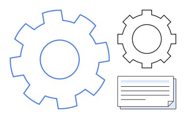 Bağlantı, süreç ve iş akışı kavramlarını temsil eden bir belge simgesine sahip büyük ve küçük katı teçhizat. Mühendislik, üretkenlik, otomasyon, planlama, sistemler, strateji veya