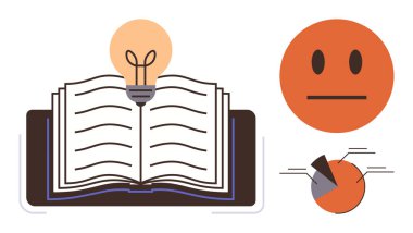 Fikirler için ampullü açık kitap, duygular için nötr duygu, veriler için pasta grafiği. Eğitim, yaratıcılık, analiz, öğrenme, inovasyon araştırmaları ve karar verme süreci için ideal. Basit düz metafor