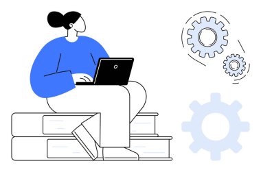 Dizüstü bilgisayarla istiflenmiş kitapların üzerine oturan kadın, üst üste binen dişliler üretkenliği, öğrenmeyi, yeniliği, takım çalışmasını, kendini geliştirmeyi, iş akışını, uyum sağlayabilirliği temsil ediyor. Basit düz metafor