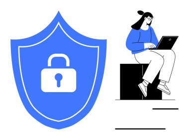 Mavi kalkan ve kilit güvenliği simgeliyor. Yanında dizüstü bilgisayarda yazan bir kadın var. Siber güvenlik, veri güvenliği, teknoloji, çevrimiçi mahremiyet, dijital koruma, bilişim güvenliği, güvenli iletişim için ideal