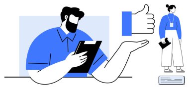 Elinde not panosu olan bir adam, büyük baş parmak işareti ve elinde belgeler tutan bir kadın. Takım çalışması, geri bildirim, onay, uzaktan çalışma, modern ofis senaryoları, üretkenlik ipuçları, basit düz metafor