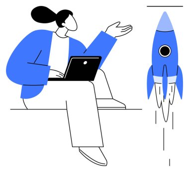 Yükselen rokete doğru işaret eden dizüstü bilgisayarı olan kişi, başlangıç büyümesini, yeniliği ve ilerlemeyi simgeliyor. Girişimcilik, strateji, teknoloji, takım çalışması ve başarı için idealdir.