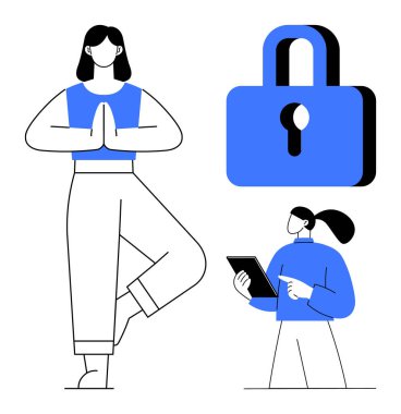 Bir ayağı üzerinde meditasyon yapan bir kadın, tableti inceleyen bir diğeri ve asma kilit. Güvenlik, farkındalık, takım işbirliği, sağlık uygulamaları, veri koruması, meditasyon ve basit iniş sayfası için ideal