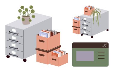 Dosya dolapları, kitap kutuları, saklama bitkileri ve minimalist bilgisayar ekranı renklendirme organizasyonu ve işlevselliği. Çalışma örgütü, verimlilik, modern ofis, plaklar için ideal