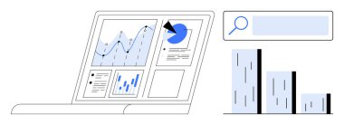 Çizgi, pasta grafikleri, çubuk grafikleri ve arama girişi olan bir dizüstü bilgisayarın grafiksel arayüzü. Veri analizi, raporlar, araştırma, iş stratejisi, pazar analizi ve eğitim için ideal
