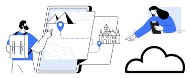 Gezici ekranda hedef işaretleriyle haritayı araştıran sırt çantalı gezgin, panoyu inceleyen kadın, bulut simgesi. Seyahat, harita, navigasyon, işbirliği, planlama, uygulamalar için ideal