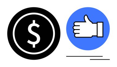 Mavi başparmak işareti yanında dolar işareti olan siyah daire mali başarı, güven ve başarıyı gösteriyor. Konseptler için ideal ödeme, onay, kâr, iş, güvenilirlik
