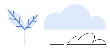 Hassas yaprak ve ince rüzgar çizgilerine sahip soyut bulut tasarımı temiz enerji, sürdürülebilirlik, büyüme, yenilik, eko-dostluk, iklim değişikliği ve ekosistem dengesini basit bir düzlemde taşır.