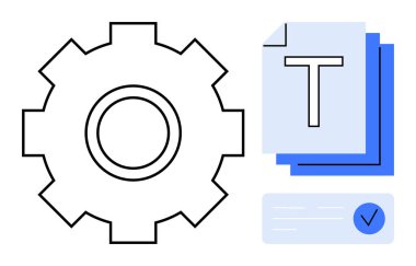 Dişliler, metin tutucu ve mavi işaretli belge yığınıyla eşleştirildi. Çalışma akışı, sistem entegrasyonu, onay süreci, metin düzenleme, üretkenlik, otomasyon, basit iniş sayfası için ideal