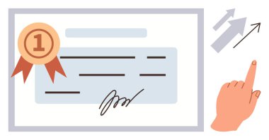 Kurdele ve imzalı sertifika, el işareti, büyüme okları. Tanınma, ilerleme, ödül, başarı, sertifika eğitimi motivasyonu için idealdir. Asgari tasarım basit düz metafor