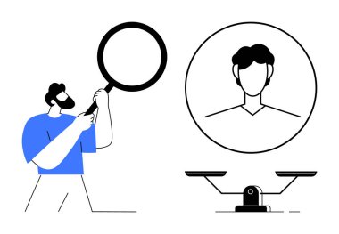 İnsan, yüz portresinin yanında büyüteç taşır. Vurgulamanın, adaletin, kararın ya da eşitliğin altında bir ölçek. Kişisel değerlendirme, askere alma, etik, yargı adaleti dengesi için ideal