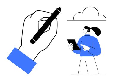 Bir kalemle el çizimi, bir tabletteki profesyonel analiz bilgileri ve bir bulut. Yaratıcılık, tasarım, işbirliği, üretkenlik, iş akışı, öğrenme ve basit iniş sayfası için ideal