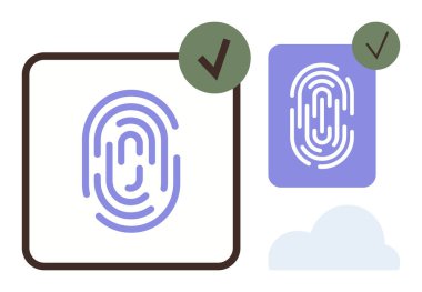 Doğrulama işaretleri ve bulut ögesine sahip parmak izi simgesi kimlik doğrulama, güvenlik ve erişim kontrolünü temsil eder. Teknoloji, siber güvenlik, kimlik doğrulama, veri koruma için ideal