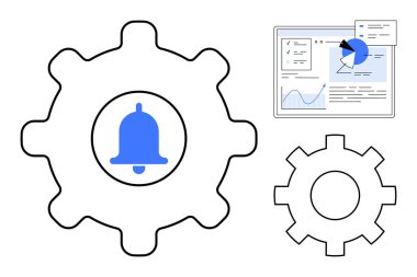 Tebligat çan simgesi ve grafik ve grafiklerin yer aldığı analitik gösterge paneli olan bir vites. Otomasyon, ayarlar, uyarılar, veri analizi, iş zekası, işlem optimizasyonu için ideal