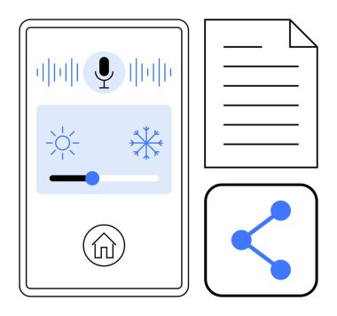Ses kontrol simgesiyle mobil arayüz, parlaklık kaydırıcı, sıcaklık simgesi. Belge ve paylaşım simgelerini içerir. Akıllı teknoloji, otomasyon, minimal tasarım, bağlantı ve organizasyon için ideal